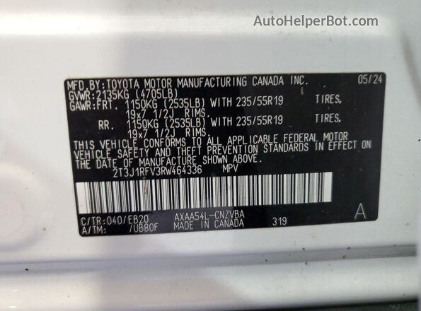 2T3J1RFV3RW464336 2024 TOYOTA RAV4 White VIN կոդի պիտակի տեսք