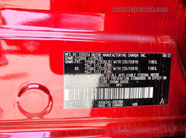 2T3J1RFV4NW306243 2022 TOYOTA RAV4 Red Вид наклейки з VIN-кодом