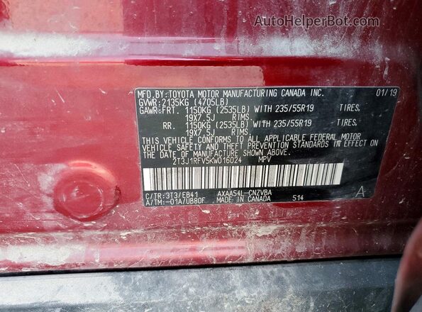 2T3J1RFV5KW016024 2019 TOYOTA RAV4 Maroon VIN sticker view