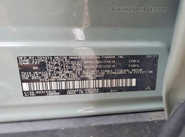 2T3J1RFV6MW180420 2021 TOYOTA RAV4 Gray VIN կոդի պիտակի տեսք