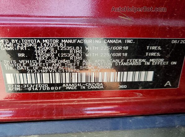 2T3J1RFV7LC119870 2020 TOYOTA RAV4 Burgundy VIN կոդի պիտակի տեսք