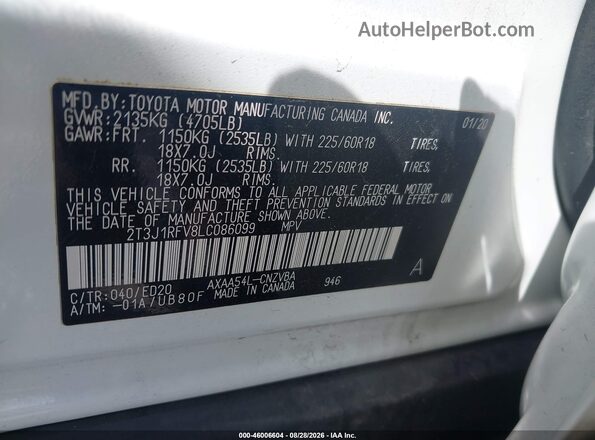 2T3J1RFV8LC086099 2020 TOYOTA RAV4 White ძრავის განყოფილების ხედი