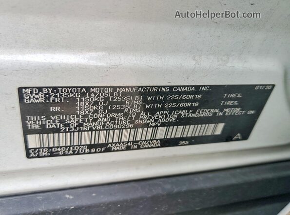 2T3J1RFV8LC090296 2020 TOYOTA RAV4 White VIN կոդի պիտակի տեսք