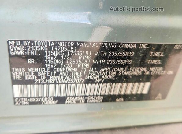 2T3J1RFV8NW257077 2022 TOYOTA RAV4 Green VIN կոդի պիտակի տեսք