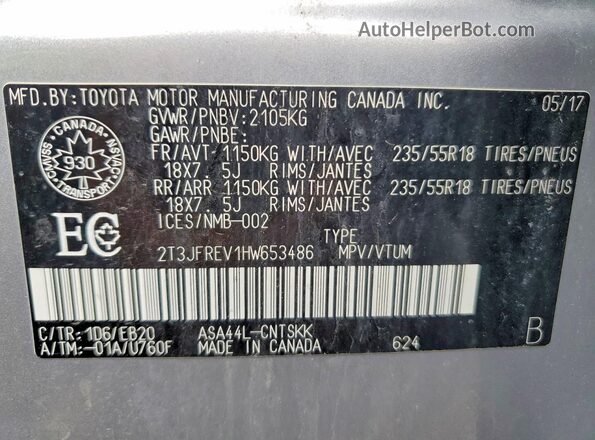 2T3JFREV1HW653486 2017 TOYOTA RAV4 Silver VIN կոդի պիտակի տեսք