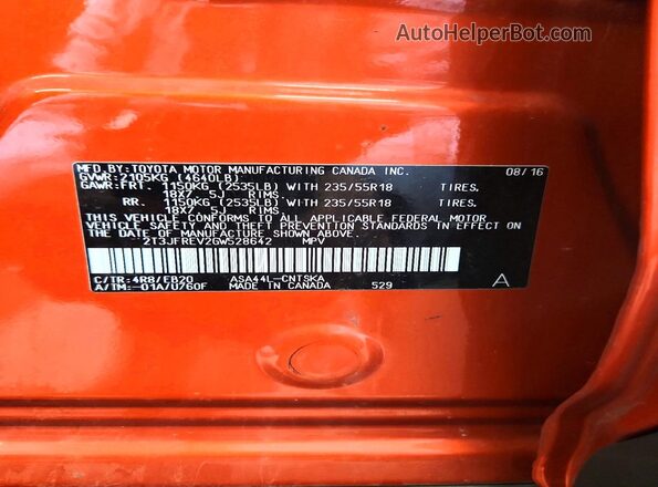 2T3JFREV2GW528642 2016 TOYOTA RAV4 Orange Vista de la etiqueta del VIN