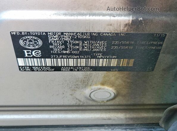 2T3JFREV5GW414375 2016 TOYOTA RAV4 Silver Widok naklejki z numerem VIN