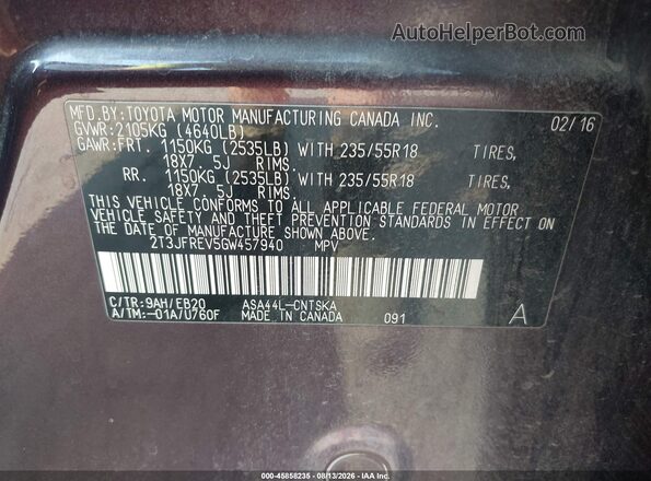 2T3JFREV5GW457940 2016 TOYOTA RAV4 Maroon Widok komory silnika