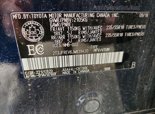 2T3JFREV6JW839420 2018 TOYOTA RAV4 Blue 360 interior view