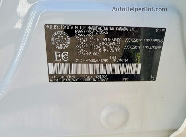 2T3JFREV8GW434796 2016 TOYOTA RAV4 White VIN sticker view