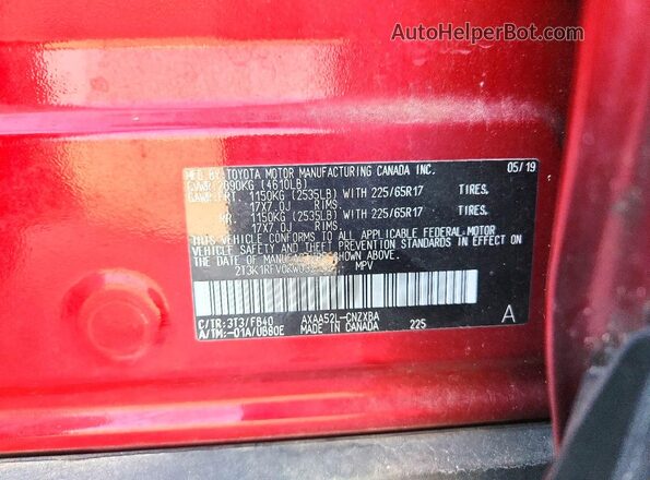 2T3K1RFV0KW032152 2019 TOYOTA RAV4 Maroon VIN կոդի պիտակի տեսք