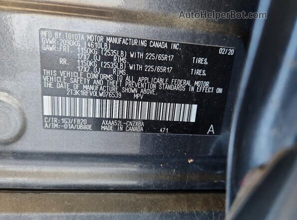 2T3K1RFV0LW076539 2020 TOYOTA RAV4 Gray Widok naklejki z numerem VIN