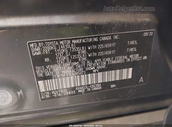 2T3K1RFV1LC085073 2020 TOYOTA RAV4 Gray Вид підкапотного простору