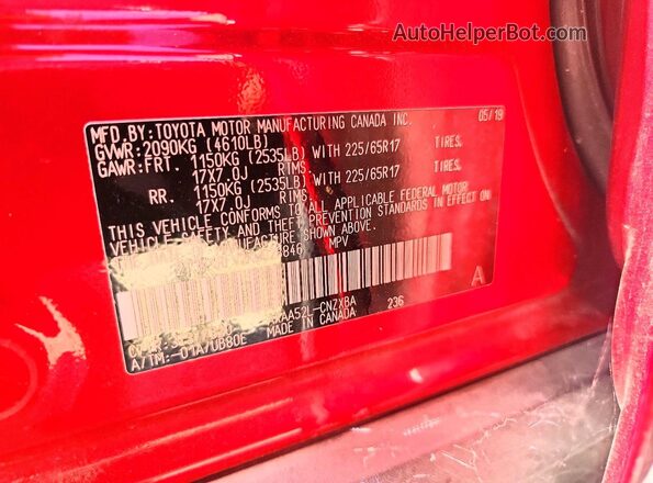 2T3K1RFV2KW028846 2019 TOYOTA RAV4 Red Widok naklejki z numerem VIN