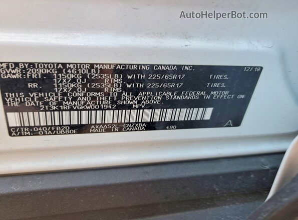 2T3K1RFV6KW001942 2019 TOYOTA RAV4 White Շարժիչի բաժամունքի տեսք