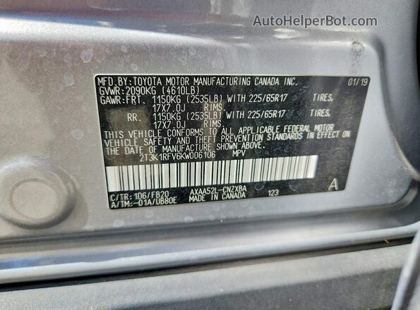 2T3K1RFV6KW006106 2019 TOYOTA RAV4 Silver Widok naklejki z numerem VIN