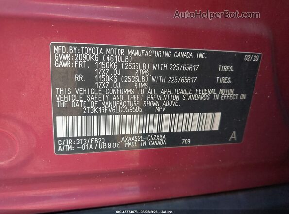 2T3K1RFV6LC059505 2020 TOYOTA RAV4 Red ძრავის განყოფილების ხედი