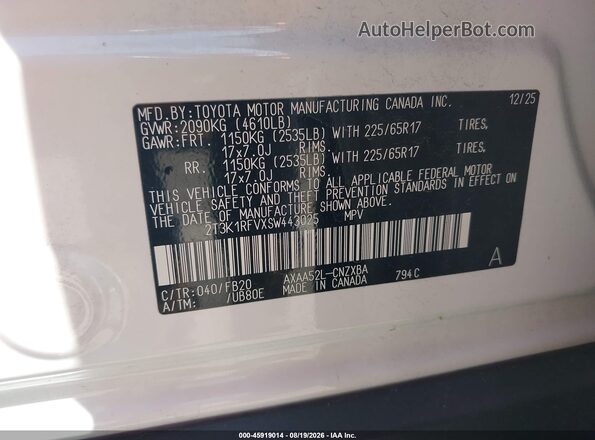 2T3K1RFVXSW443025 2025 TOYOTA RAV4 White Engine compartment view