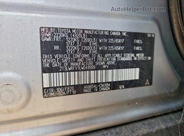 2T3LWRFV1LW049999 2020 TOYOTA RAV4 Silver Vista de la etiqueta del VIN