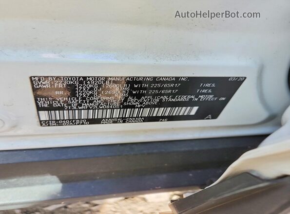 2T3LWRFV2LW084051 2020 TOYOTA RAV4 White VIN sticker view