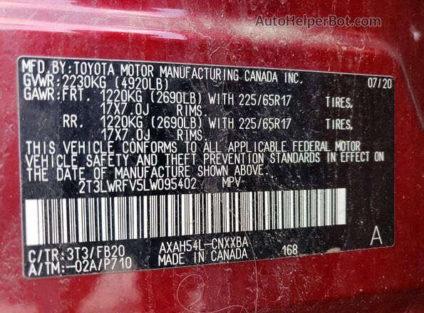 2T3LWRFV5LW095402 2020 TOYOTA RAV4 Red Շարժիչի բաժամունքի տեսք