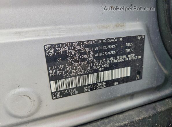 2T3LWRFVXRW215140 2024 TOYOTA RAV4 Silver VIN კოდის სტიკერის ხედი