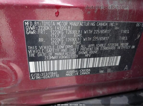2T3MWRFV0KW021209 2019 TOYOTA RAV4 HYBRID Красный Вид подкапотного пространства