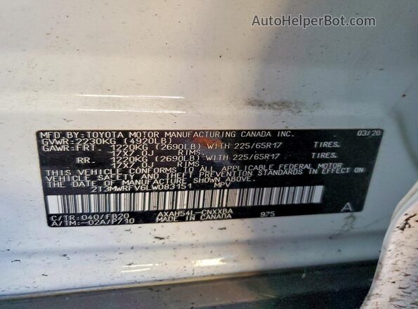 2T3MWRFV6LW083151 2020 TOYOTA RAV4 Белый Вид наклейки с VIN-кодом
