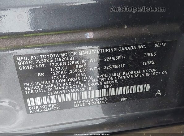2T3MWRFV8KW038193 2019 TOYOTA RAV4 HYBRID Серый Вид подкапотного пространства