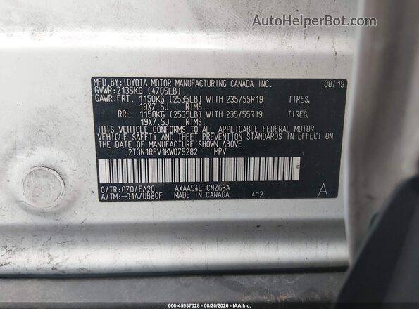 2T3N1RFV1KW075282 2019 TOYOTA RAV4 White Vista del compartimento del motor