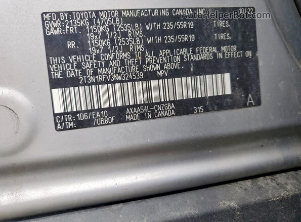 2T3N1RFV3NW324539 2022 TOYOTA RAV4 Серебряный Вид наклейки с VIN-кодом