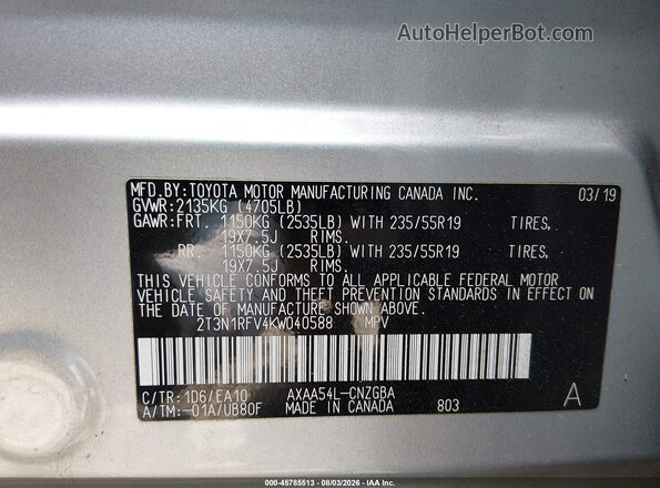 2T3N1RFV4KW040588 2019 TOYOTA RAV4 Silver Vista del compartimento del motor