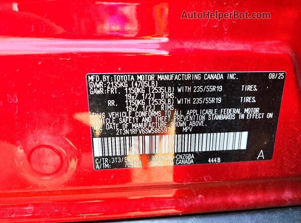 2T3N1RFV6SW586597 2025 TOYOTA RAV4 Burgundy VIN կոդի պիտակի տեսք