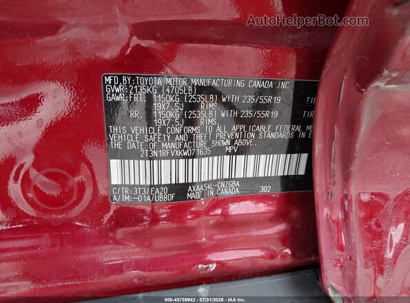 2T3N1RFVXKW071635 2019 TOYOTA RAV4 Red ძრავის განყოფილების ხედი