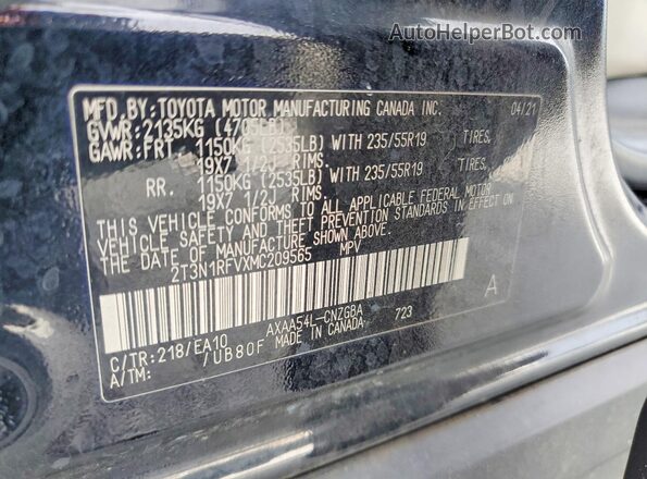 2T3N1RFVXMC209565 2021 TOYOTA RAV4 Black Widok naklejki z numerem VIN