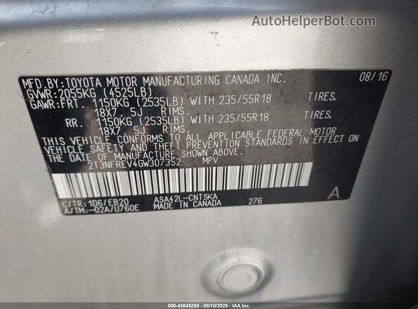 2T3NFREV4GW307352 2016 TOYOTA RAV4 Silver ძრავის განყოფილების ხედი