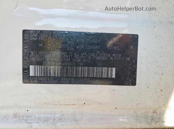 2T3P1RFV0KW058630 2019 TOYOTA RAV4 White VIN კოდის სტიკერის ხედი