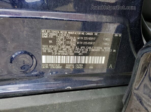 2T3P1RFV0KW071880 2019 TOYOTA RAV4 Blue Vista de la etiqueta del VIN