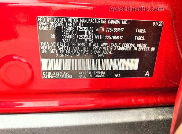 2T3P1RFV0LW100800 2020 TOYOTA RAV4 Red ძრავის განყოფილების ხედი