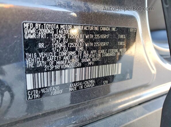 2T3P1RFV0NW255589 2022 TOYOTA RAV4 Gray VIN կոդի պիտակի տեսք