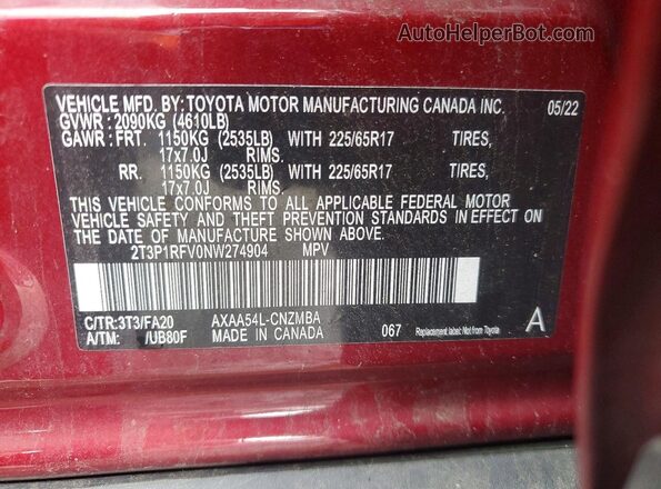 2T3P1RFV0NW274904 2022 TOYOTA RAV4 Красный Панорамный вид салона 360°