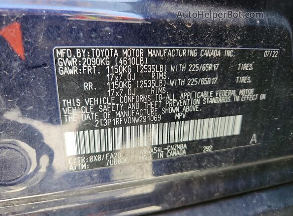 2T3P1RFV0NW291069 2022 TOYOTA RAV4 Blue VIN კოდის სტიკერის ხედი