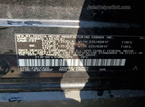 2T3P1RFV1KW047975 2019 TOYOTA RAV4 Black Vista de la etiqueta del VIN