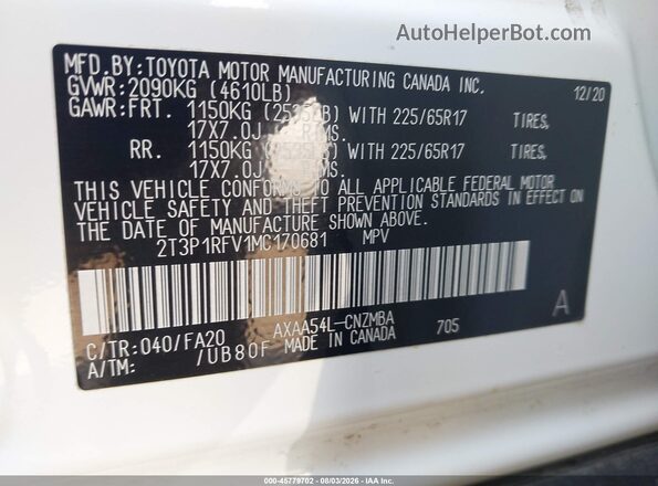 2T3P1RFV1MC170681 2021 TOYOTA RAV4 White ძრავის განყოფილების ხედი