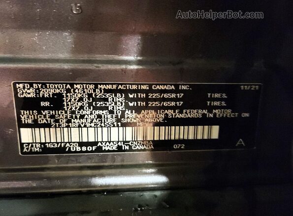 2T3P1RFV1MC245511 2021 TOYOTA RAV4 Gray 360 interior view