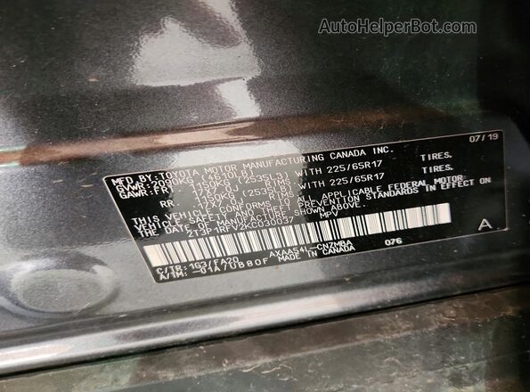 2T3P1RFV2KC030037 2019 TOYOTA RAV4 Gray VIN კოდის სტიკერის ხედი