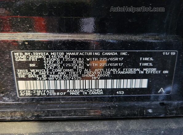 2T3P1RFV2LC074525 2020 TOYOTA RAV4 Black Widok naklejki z numerem VIN