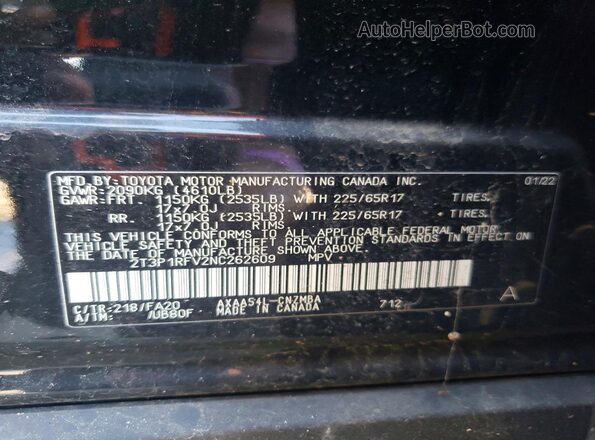 2T3P1RFV2NC262609 2022 TOYOTA RAV4 Black Vista de la etiqueta del VIN