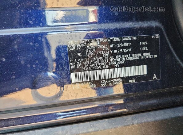 2T3P1RFV2SW631639 2025 TOYOTA RAV4 Blue Вид наклейки з VIN-кодом