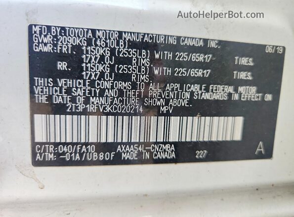 2T3P1RFV3KC020214 2019 TOYOTA RAV4 White Панорамний вид салону 360°
